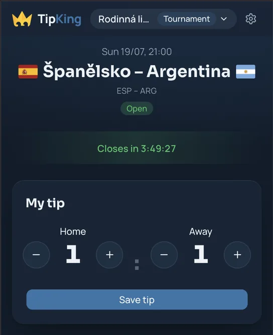 TipKing football tip app — score prediction screen with save tip button