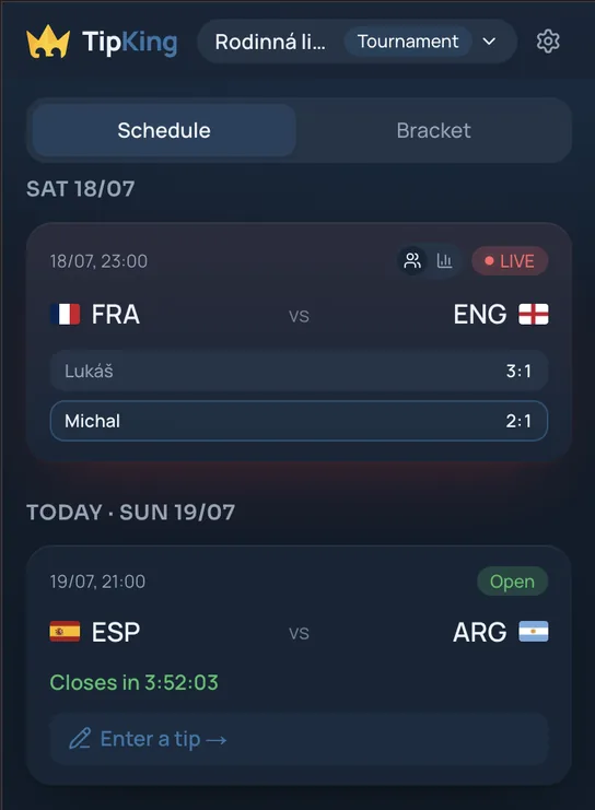 TipKing football score prediction app — match schedule with live score and submitted tips